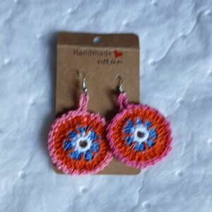 Handmade Crochet Round Earrings in Pink & Orange